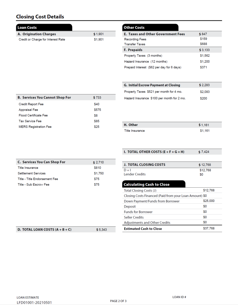 Sample Loan Estimate - Page 2